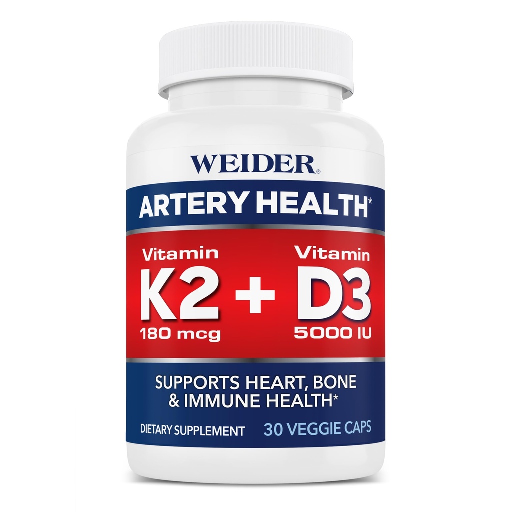 Weider Artery Health - Artery Flexibility & Heart Health - with Vitamin K2, D3 & Ginger - Bone & Immune Support* - Gluten Free & Vegan - 30 Veggie Capsules