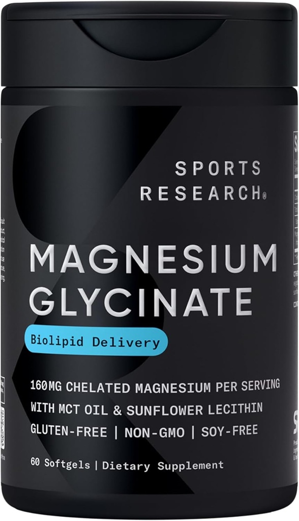 Sport Research® Magnesium Glycinate - unterstützt restful Sleep & Enzymatic Prozesse - 160 mg Chelat Magnesium - Liquid Softgel - 60 Count