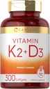 Suplemento de vitamina K2 D3 | 300 Softgels | 200mcg K2 MK7 & 10.000 IU D3 | Non-GMO, Gluten Free
