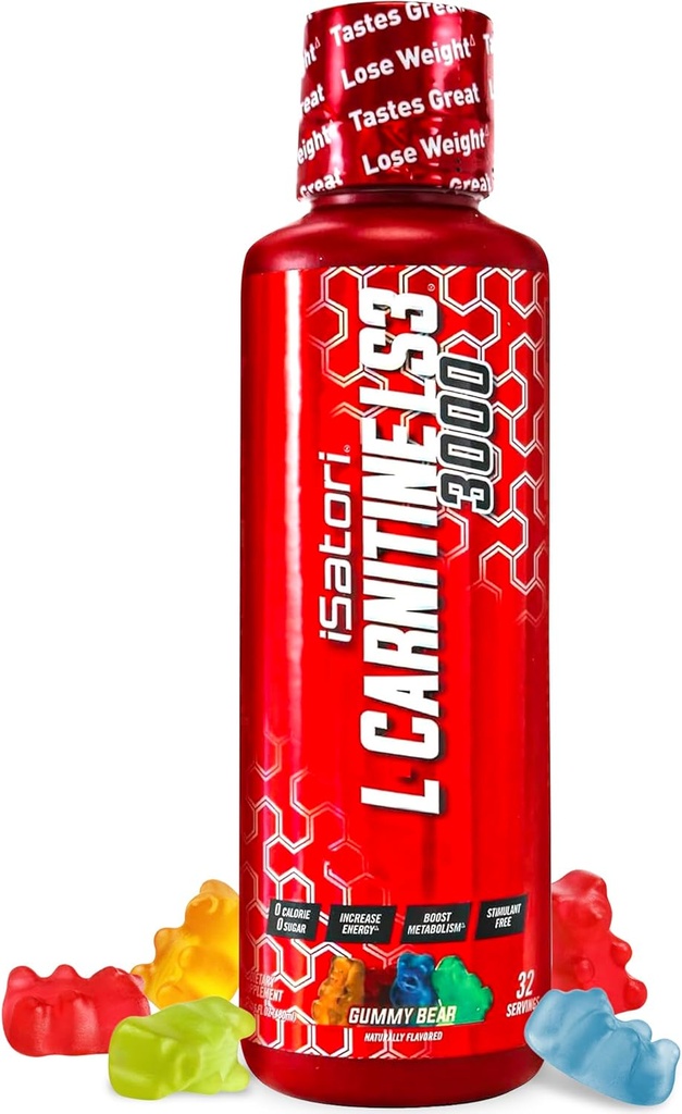 ISatori L- Carnitine LS3 3000, Triple- Mieszanka płynna L Karnityna Suplement, z acetylo & winian, Stymulant wolny, niskie kalorie, Cukier & Gluten wolny, Keto- Przyjazny, Gummy Bear Flavor (32 Sługi)