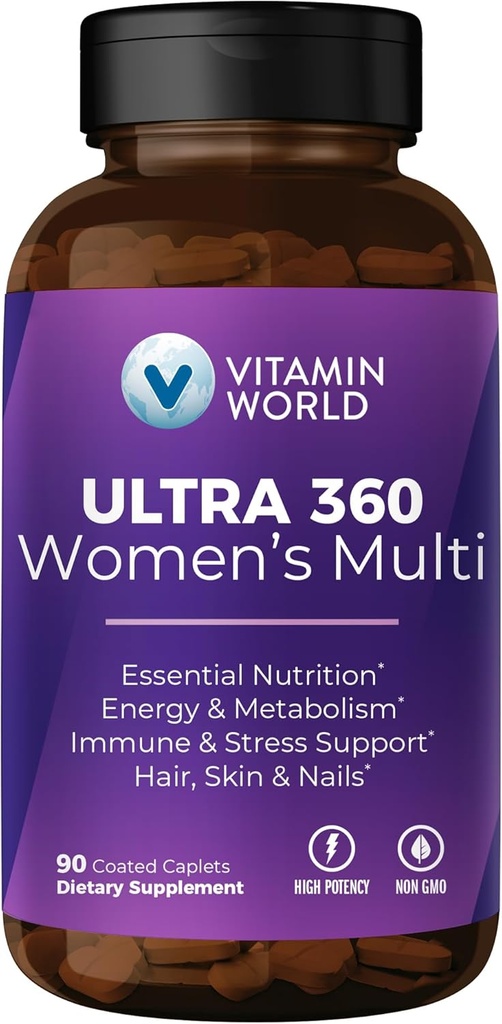 Vitamin verden ultra 360 multivitamin for kvinner, kvinners multivitamin med urter og kollagen for hår, hud og negler, Supplement med jern, vitamin A, B, C, D, E for energi og immun støtte, 90 kapler