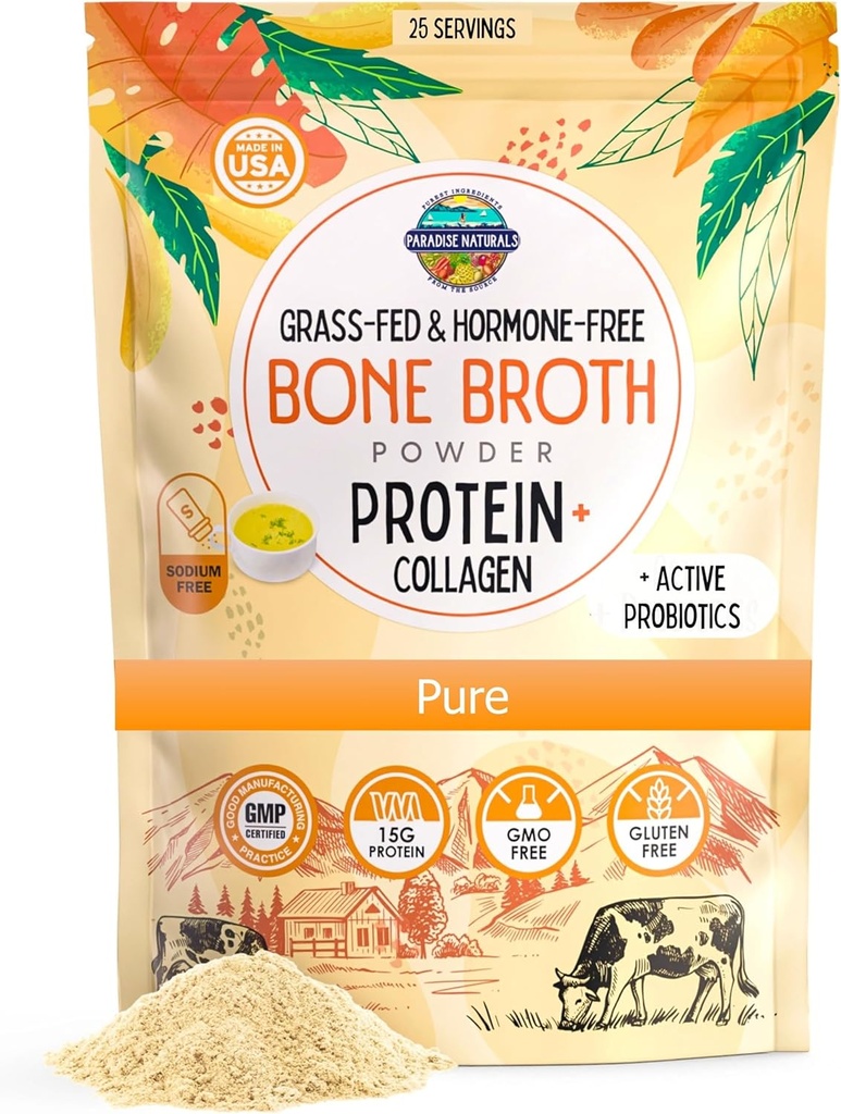 Paradise Naturals 100% Grass-Fed Organic Beef Bone Broth אבקת, Active Probiotics, Collagen Peptide Rich 15g חלבון, non-GMO, Low Sodium, שיער עור בריא משותף, Gut Health, Paleo Keto, No Glutenten