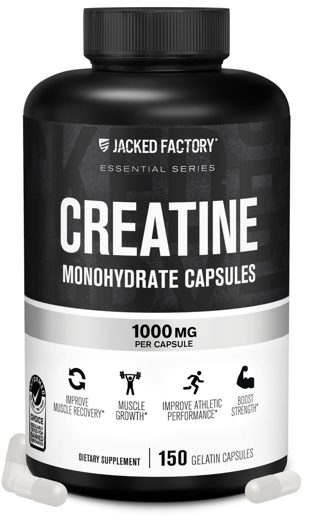 Jacked Factory Creatine Monohydrate Capsules - Creatine Pills for Muscle Growth, Increased Strength, Enhanced Energy Output and Improved Athletic Performance - 150 Capsules