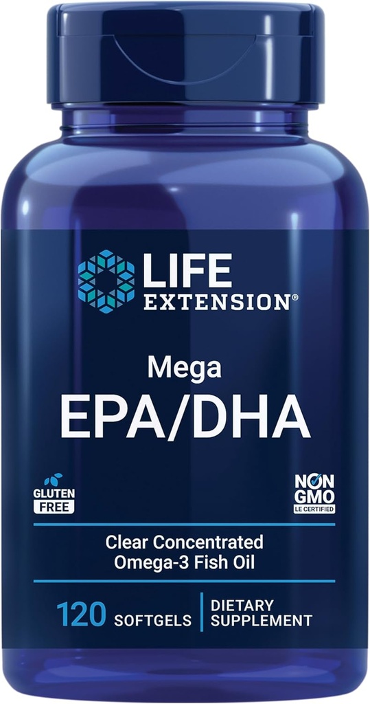 Extension života Mega EPA/DHA, Omega-3 Mastné kyseliny, zdravie srdca a mozgu, non-GMO, bezlepkové, 120 softgelov