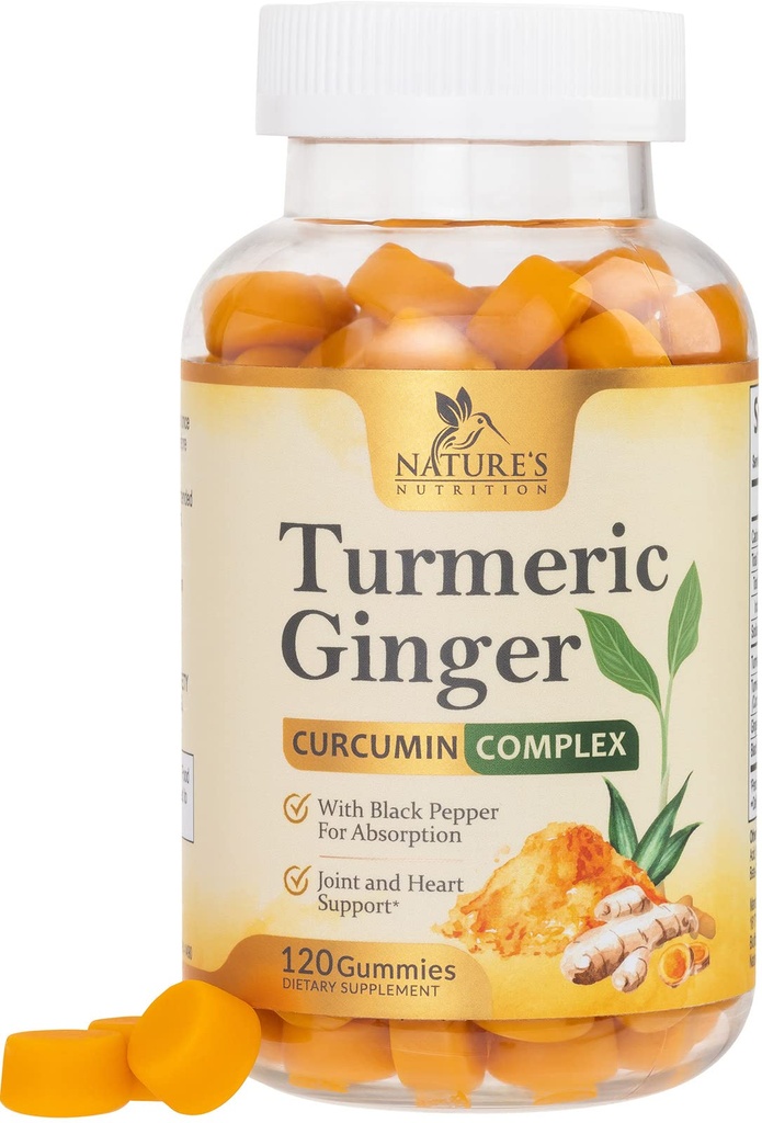 Turmeric Curcumin Supplement Gummies - 95% Curcuminoids with Turmeric & Ginger, Black Pepper for Best Absorption, Nature's Vegan Joint Support, Non-GMO, Gluten Free, Tasty Peach Flavor - 120 Gummies