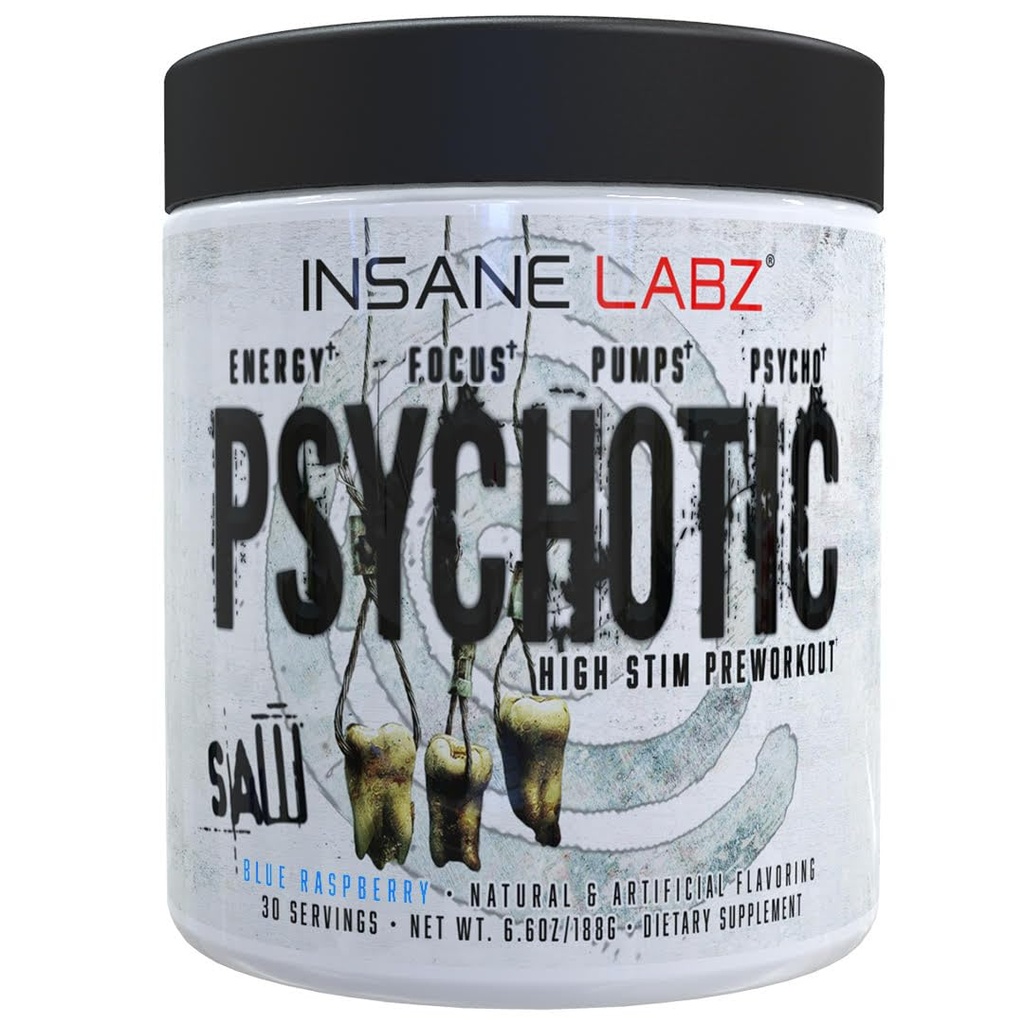 Insane Labz Psychotic Saw, High Stim Pre Workout Powder with OxyGold­™ and AMPiberry®,Extreme Lasting Energy with Teacrine®,Focus with CognitIQ® and Endurance (30 Servings, Blue Raspberry)