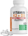 Bronson Vitamina K2 (MK7) com D3 Suplemento de dosagem extra Óssea Saúde Não-GMO Fórmula 10.000 UI e 120 mcg MK-7 Fácil de engolir D K, 60 Cápsulas