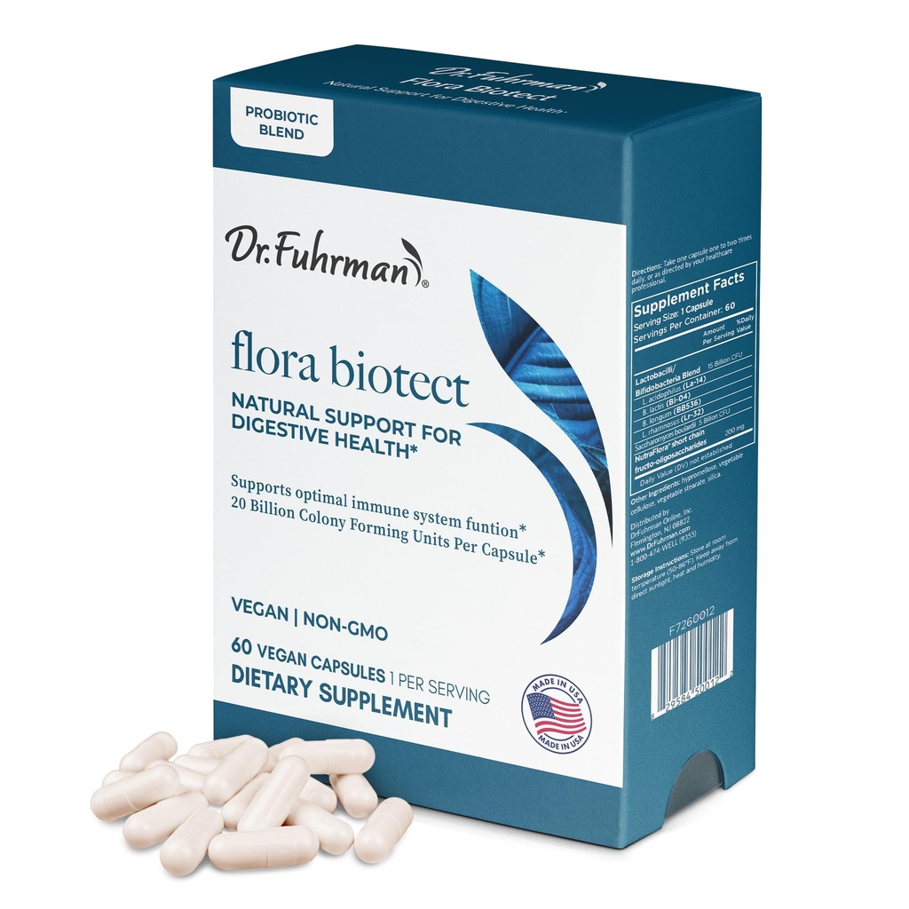 Dr. Fuhrman Prebiotic and Probiotic for Women & Men | Flora Biotect Natural Support for Digestive Health & Gut Biome | Provides Bloating Relief & Bowel Regularity | 20 Billion Live Strains | 60 Caps