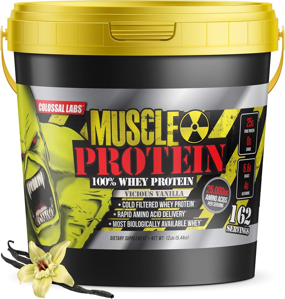 COLOSSAL LABS Muscle Whey Protein smaksatt proteinpulver, 25 000 mg aminosyror / servering, kall filtrerad (Packaging May Vary) (12 pund (Bucket), Vanilla)