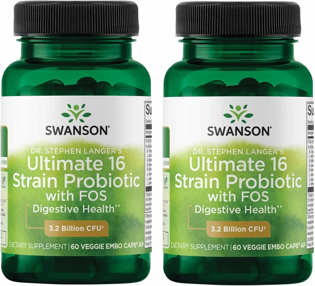 Swanson Dr. Stephen Langer's Formula - Natural Probiotic w/Prebiotic FOS - 16-Strain Supplement Promoting Digestive Support w/ 3,2 Miljard CFU per Capsule - (60 Veggie Capsules) 2 Pack
