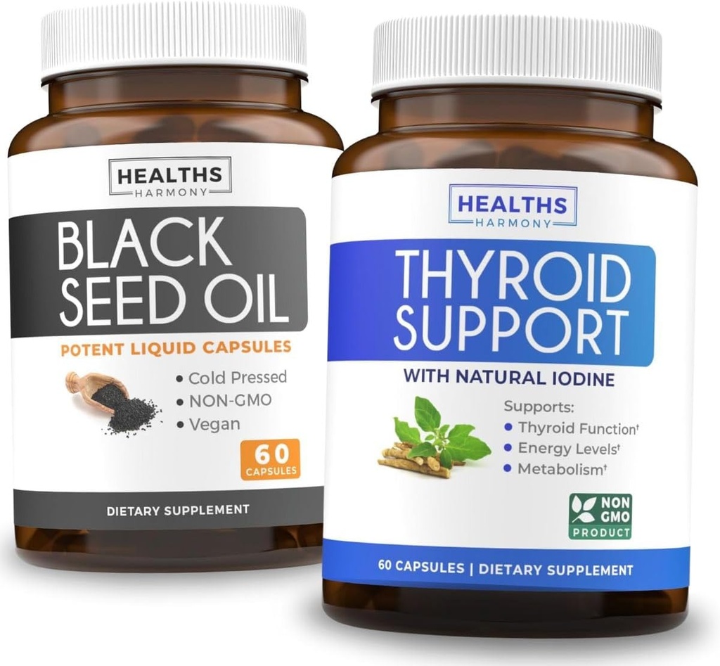 Thyroid Support & Black Seed Oil (1-Month Supply) Black Seed Thyroid Boost - Thyroid Support (60 Capsules) Health Supplement & Black Seed Oil (60 Capsules) Cold-Pressed Nigella Sativa - Non-GMO
