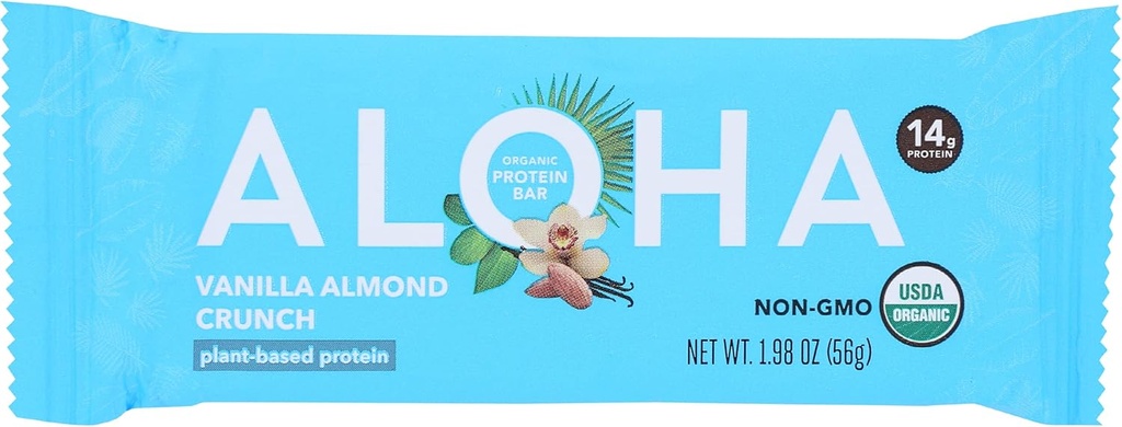 Aloha Organic Vanilla Mandula Crunch Protein Bars, 14g Plant- alapú fehérje, USDA Certified Organic, Gluten Free & Non-GMO, 1.9 Oz (12-es csomag)