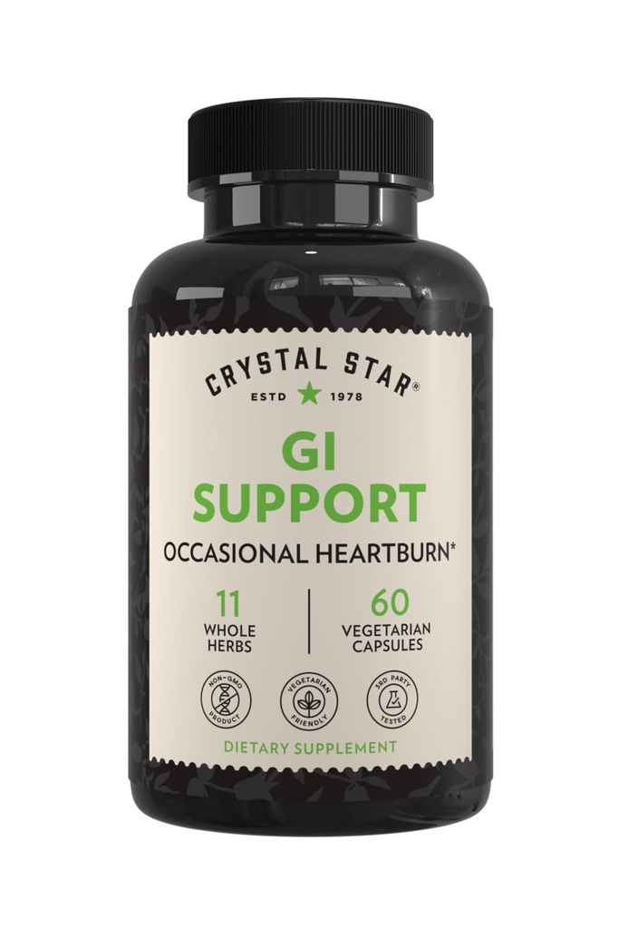 Crystal Star GI Support Supplement (60 Capsules) – Herbal Gut Health Supplement that soothes Occasional Heartburn and Supports Acid Reflux – Ginger, Slippery Elm Bark & Betaine HCL – Non-GMO