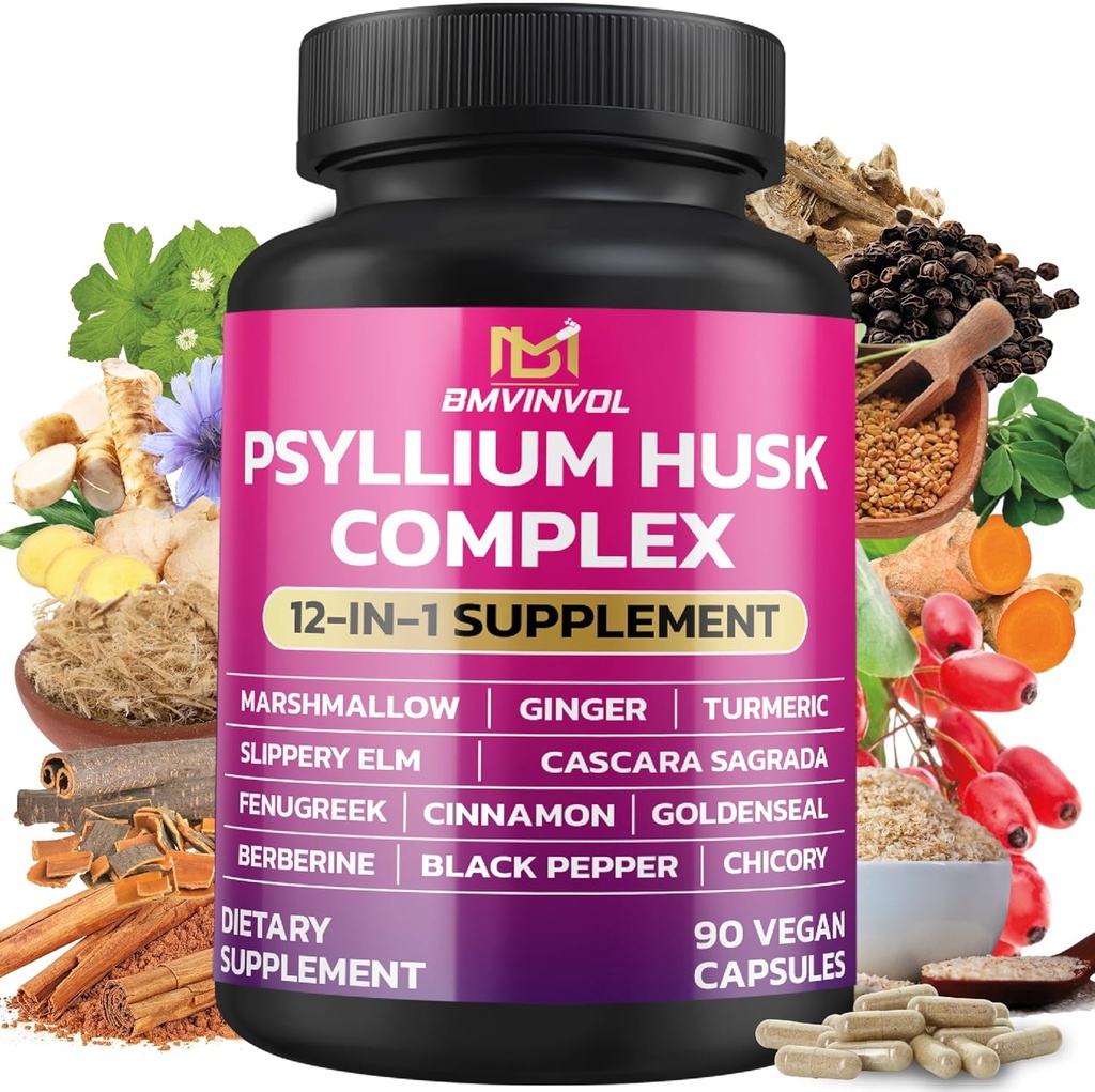 BMVINVOL Psyllium Husk, Slippery Elm, Cascara Sagrada, Fenugreek, Berberine, Cynamon, Turmeric + 5 Mores - Immune Support & Digestive Health Supplement - 90 Kapsułki
