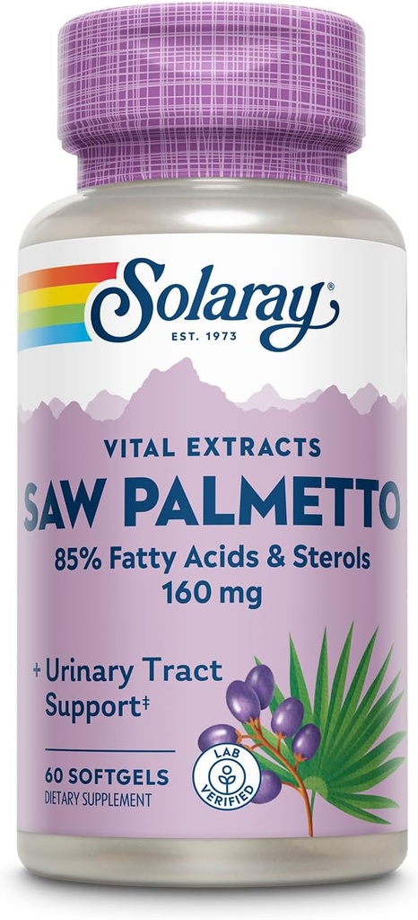 SOLARAY Saw Palmetto Extract - Prostate Health and Urinary Tract Support - 136 mg de ácidos gordos e esterols - Lab verified, 60-Day Money-Back Garantia (60 Servings, 60 Softgels)