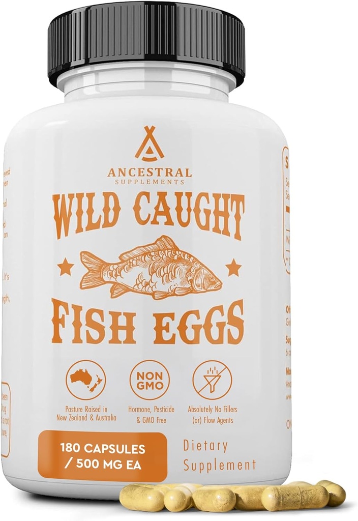 Ancestral Supplements Wild Fanget Fish Eggs, 2400mg, Omega-3 Supplement støtter hjernen, hjerte, fruktbarhet og inflammatorisk helse, hele matkilden til vitamin D, K2, og A, ikke-GMO, 180 kapsler