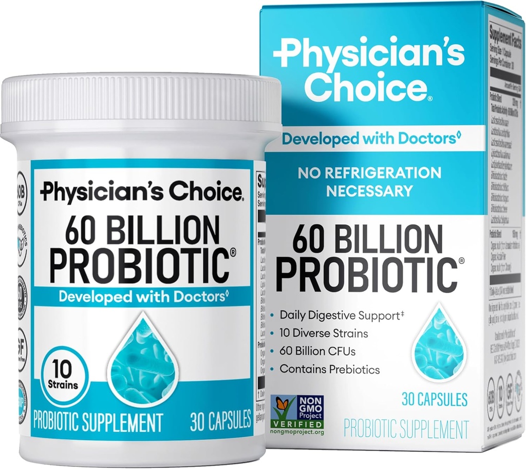Physician 's Choice Probiotics 60 억 CFU - 10 Strains + Organic Prebiotics - Immune, Digestive & Gut Health - Occasional Constipation, Diarrhea, Gas & Bloating 지원 - 여성 및 남성 - 30ct