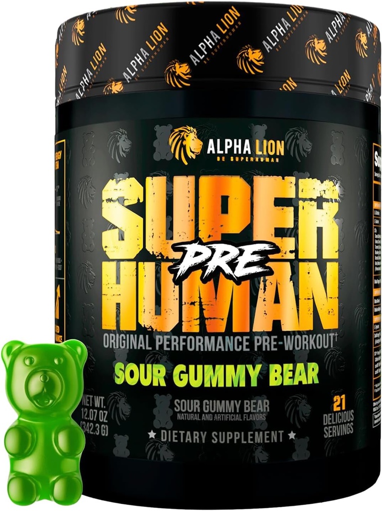 ALPHA LION Superhuman Pre Workout Powder, Beta Alanine, L-Taurine & Tri-Source Caffeina per energia e messa a fuoco, Nitric Oxide & Citrulline per pompa (21 Serve, Sour Gummy Bear Flavor)