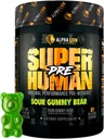 ALPHA LION Superhuman Preworkout Powder, Beta Alanine, L- Tauryne & Tri- Source Kofeina dla trwałej energii i Focus, tlenek azotu i cytrulina dla pompy (21 Służenia, Sour Gummy Bear Flavor)