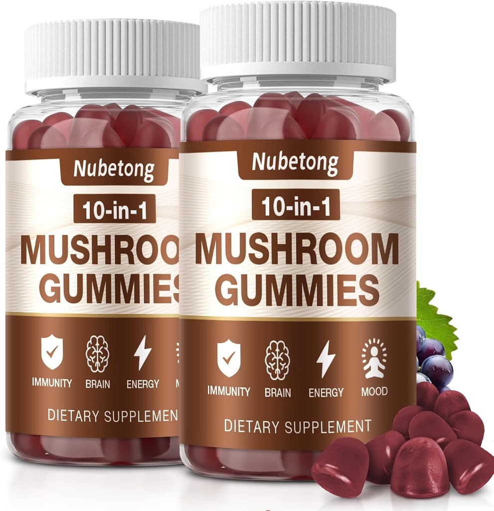 NUBETONG Mushroom Gummies - 10x Mushroom Supplement for Adults with Lion's Mane, Reishi, Chaga and Turkey Tail - Brain Booster, Immune Support, Stress Relief and Focus Support (2 Pack)