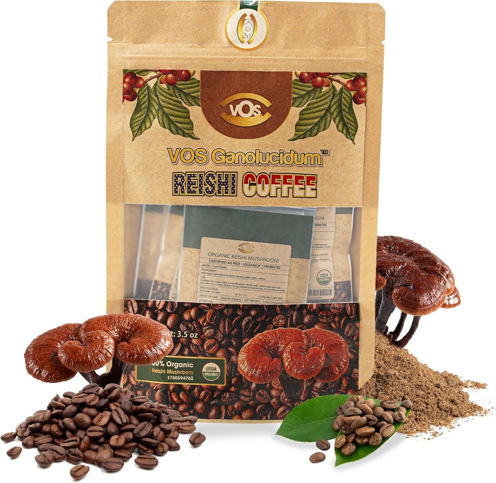 VOS GANOLUCIDUM - 100% Økologisk Reishi kaffe, 2 i 1 Reishi Mushroom med kaffe, 5 sachets, Great Tasting, Mushroom supplement, Support for Energy & Immunity Supplement (0,7 oz hver)