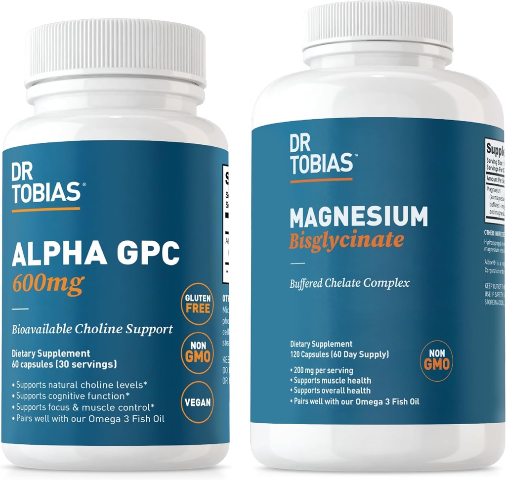 Dr. Tobias Alpha GPC & Magnezu Bisglicinate - Wsparcie funkcji mózgu & Zdrowie ogólne z wysokiej absorpcji suplementów, Non-GMO