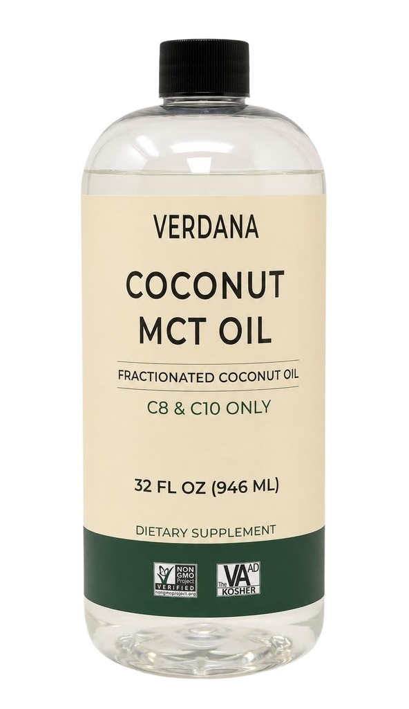 Verdana Food Grade MCT Oil 32 oz – For Keto Coffee, Unflavored Natural Oil Pulling Mouthwash & Massage - 100% Coconut Derived Fractionated Oil – Medium Chain Triglycerides C8 C10 –Non-GMO, Kosher