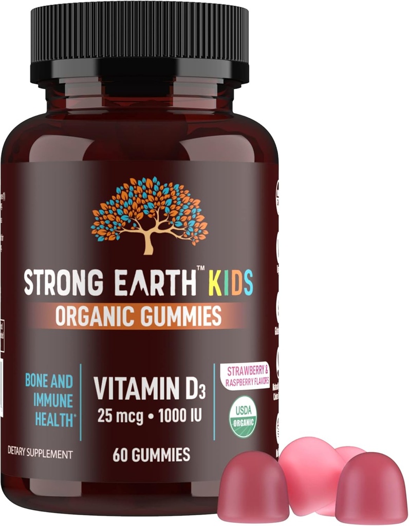 YUM-V'S Strong Earth Organic Vitamin D3 Gummies (1000 IU Vitamin D 3 per Serving, 60 Count) Bone & Immune Support Vitamin D Gummies, Vegan Chewable Vitamins