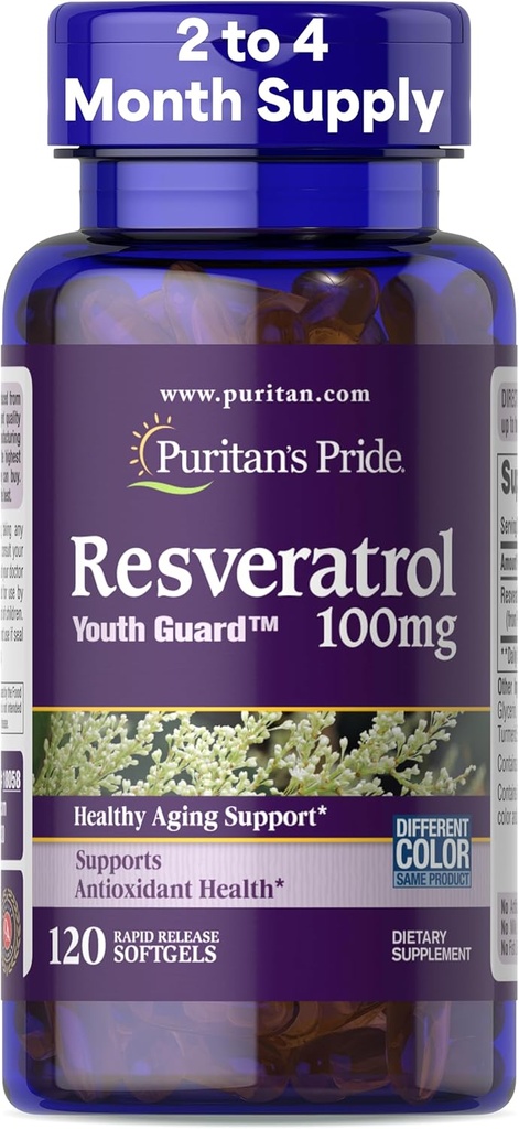 Puritan's Pride Premium Resveratrol Youth GuardTM 100mg, Dieetsupplement voor Immuunsysteem, Antioxidant, Suiker Metabolisme, Bloedstroom en Vasculaire Functie Ondersteuning, 120 Rapid Release Softgels