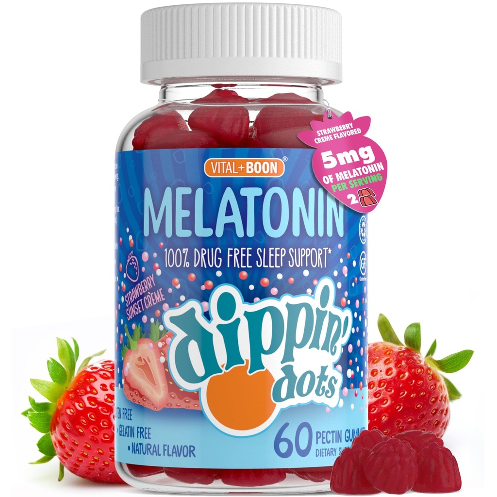 Dippin' Dots - Melatonin Gummies for Kids & Adults (30 Day Supply) Strawberry Sunset Creme Flavor | 2.5mg Per Kids Melatonin Supplement for Faster & Longer Sleep | Gummies for Children (60 Count)