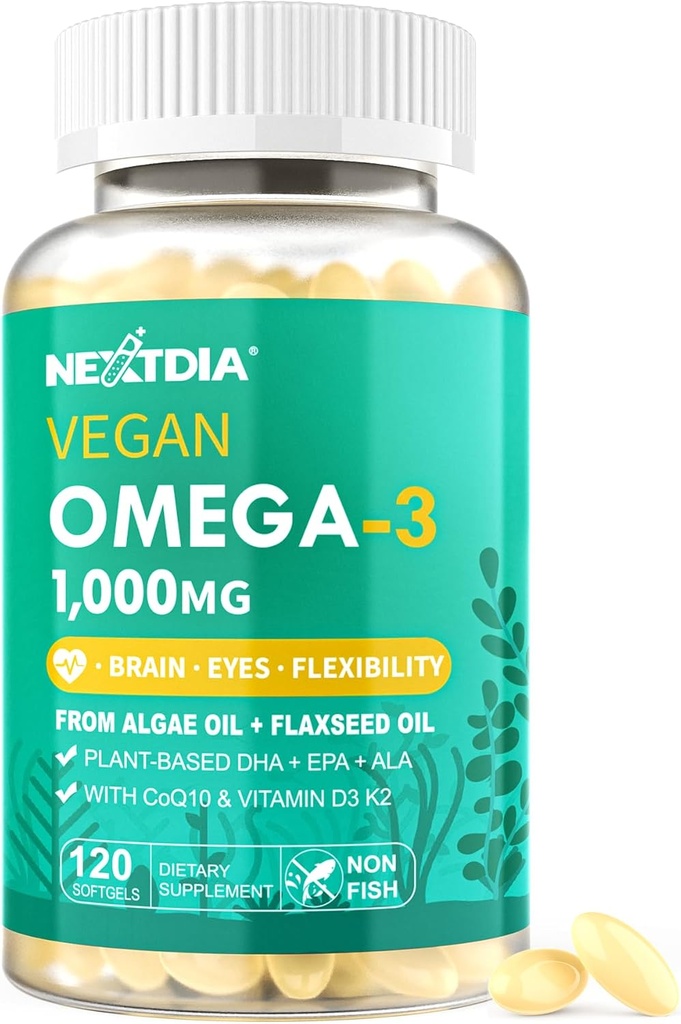 Vegan Omega 3 DHA EPA ALA Suplemento con 5000IU vitamina D3 K2 (MK7), CoQ10 para mulleres homes | aceite de peixe alternativa | aceite de algas Omega 3 1000mg pílulas para ósos, cerebro, ollos, pel | 120 softgels