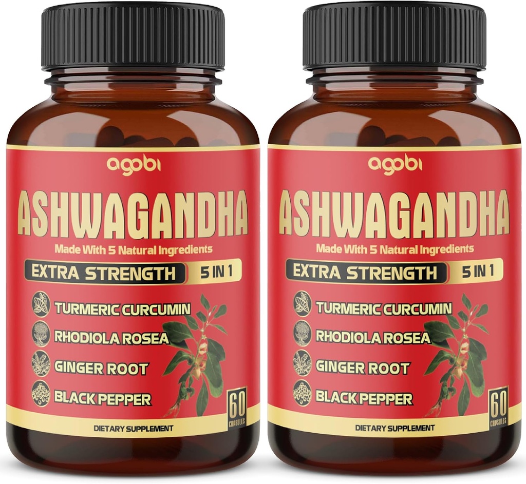 2 Packs - 60 Capsules Ashwagandha Capsules - Tinggi konsentrasi - 5in1 Formula Ashwagandha, Turmeric, Rhodiola Rosea, Ginger, Black Pepper - 4 Pasokan Bulan