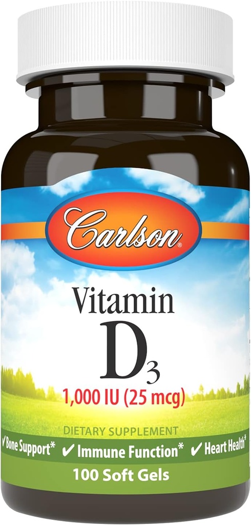 Carlson - Vitamina D3, 1000 IU (25 mcg), Bone Salut, Muscle salut, Clightcalferol, Vitamina D suplementaris, Vitaminad D3 Soft Gels, 100 Softlis
