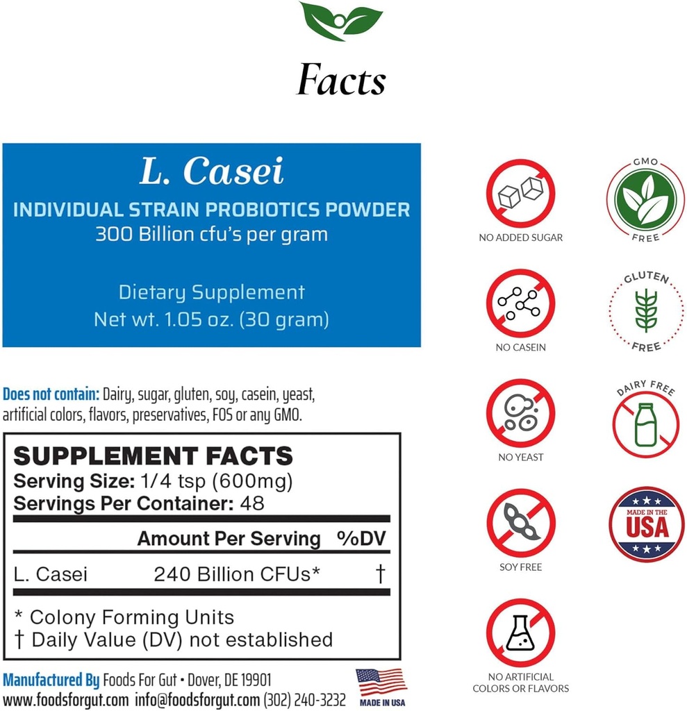 Foods for Gut Lactobacillus Casei Probiotic Powder 300 Billion cfu' s made in USA | No Additives ) Direct from Manufacturer ) no Third-Party Storage ) Immune Support ) L. Casei ) 30 Grams (1.05 Oz)