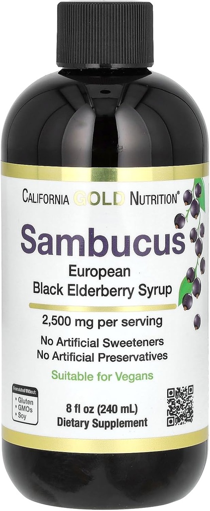 Kalifornia Gold Nutrition Elderberry Sirup, Black Elderberry (Sambucus nigra) Šťavový koncentrát, Sezónna imúnna podpora, žiadne umelé konzervačné látky alebo sladidlá, 2500 mg, 8 fl oz (240 ml)