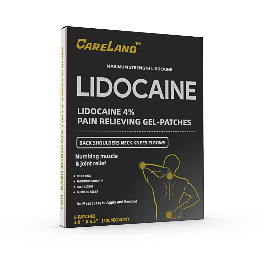 CARELAND 4% Lidocaine Gel Patch, 6 Count | Maximum Strength Pain Relief Patches for Muscle Relief in Neck Knee Back and Shoulders | Unscented Numbing Patch for Soothing Nerves, Joints