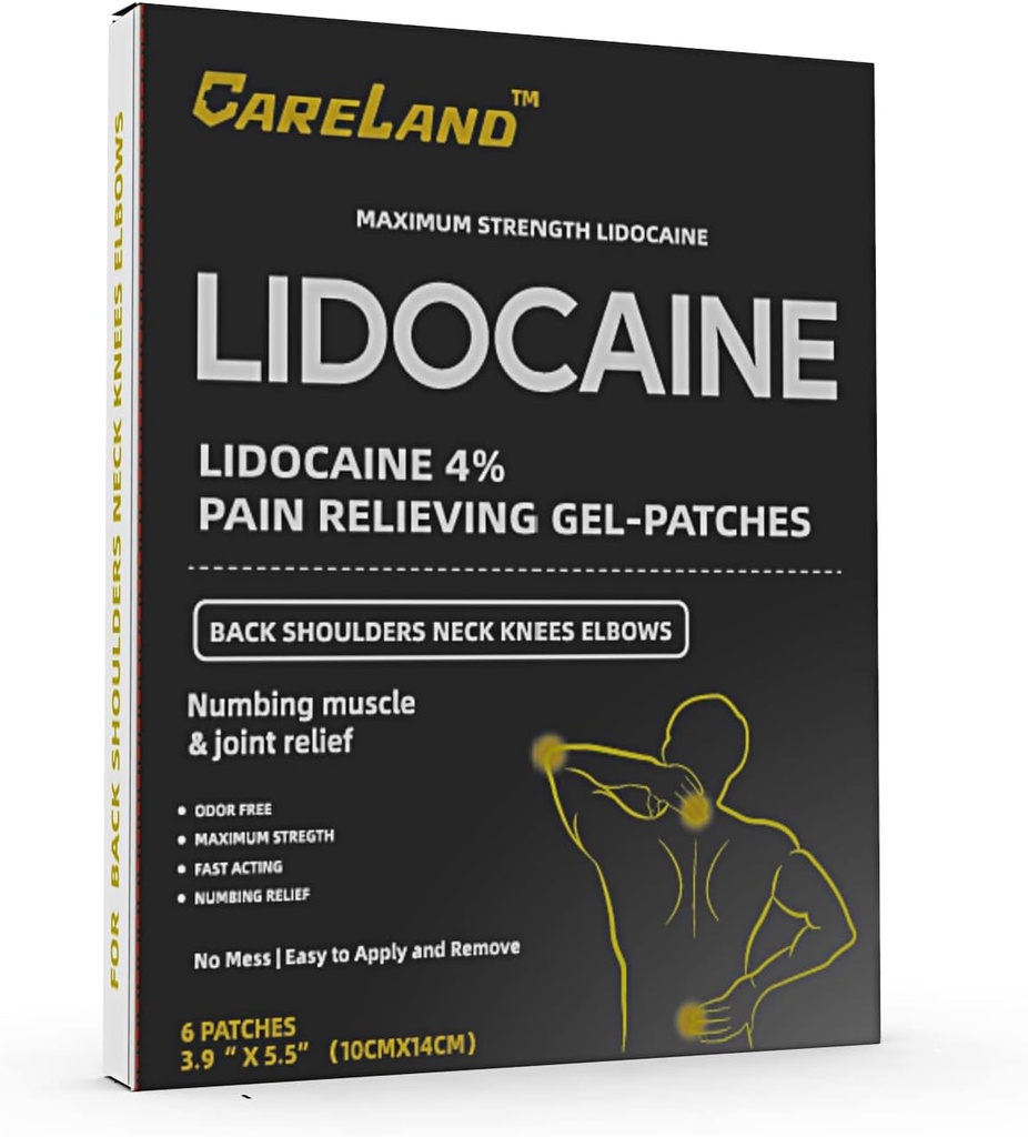 CARELAND 4% Lidocaine Gel Patch, 6 greve | Maximal styrka smärtor för muskelavlastning i hals knä tillbaka och axlar | Unscented Numbing Patch för lugnande nerver, gemensamma