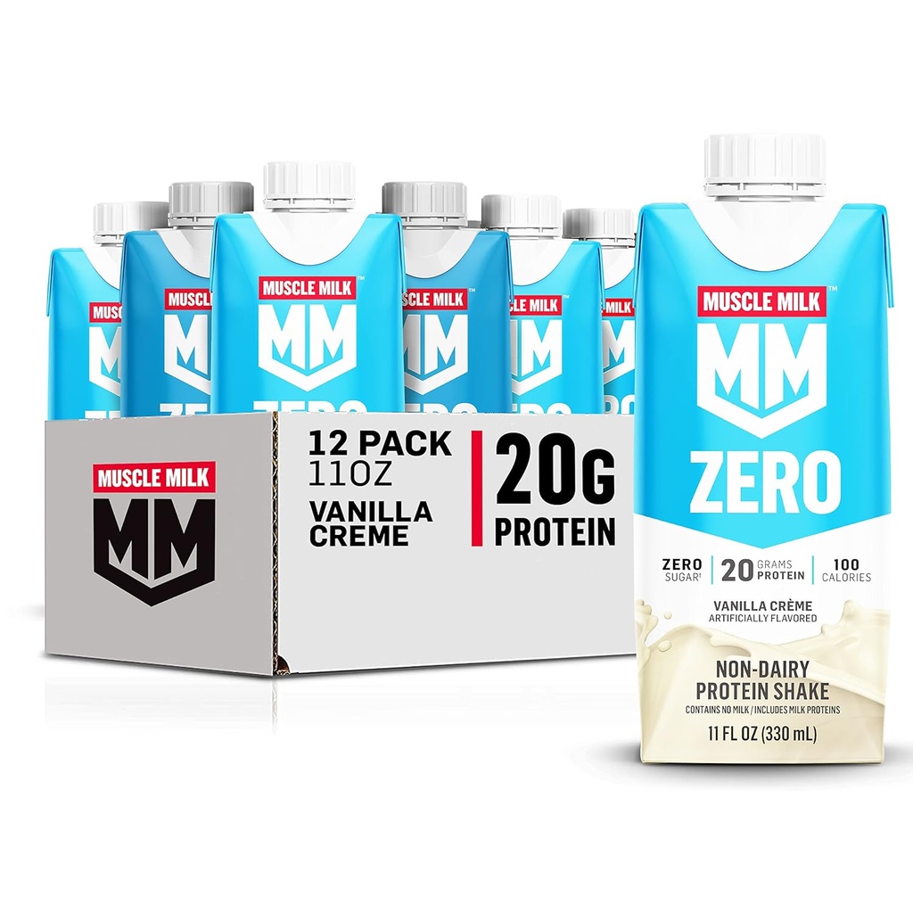 Muscle Milk Zero Protein Shake, Vanilla Crème, 11 Fl Oz Carton, 12 Pack, 20g Protein, Zero Sugar, 100 Calories, Calcium, Vitamins A, C, 4g Fiber, Energizing Snack, Packaging May Vary, 12 count (Pack of 1)