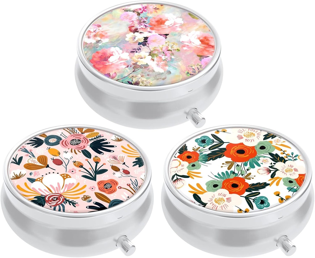 3 Pack Pill Box, Purse & Pocket小药箱,Cute Travel Medicine组织者,便携式药品容器持有者持有维生素,药物,鱼油和补充品,粉红色白花