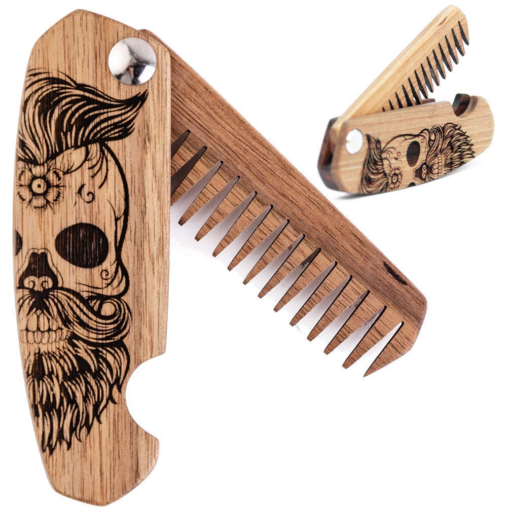Nikmati Comb Kayu untuk Pria, Folding Pocket Accestories untuk Pria, Engraved Walnut Wooden Comb untuk Kumis, Rambut & Rambut Untuk-Nya (Setengah Tengkorak)