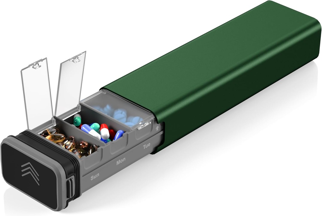 7 dní Týdenní Metal Pill Organizátor Cestování, Kursoaya Premium Hliníkové Denní Pill Box, Roztomilý Přenosný Pill Pouzdro, Velká kapacita Pill Držák pro doplňky, pilulky, Vitamíny, medicína (Hunter Green)