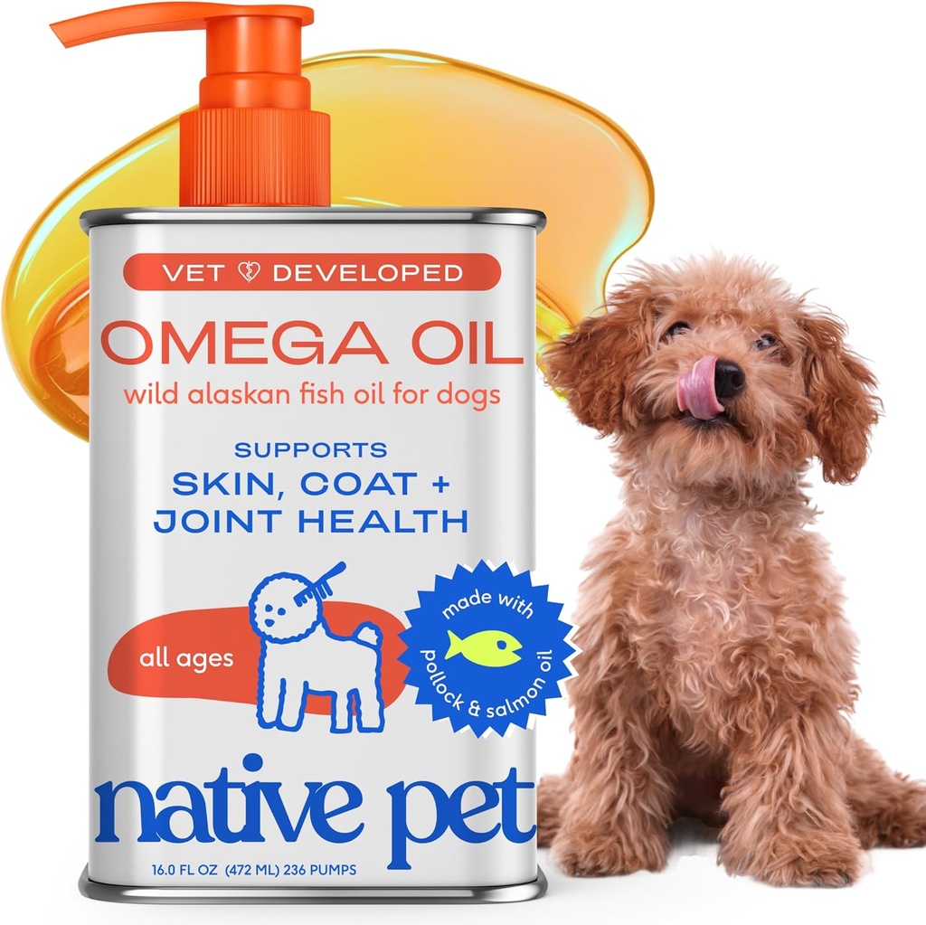 Natives Pet Omega 3 Fischöl für Hunde & Katzen - Fördert gesunde Haut, glänzender Mantel, & starke Gelenke - Hergestellt mit Wild Alaskan Lachsöl für Hunde – Tasty, Fast-Absorbing Omega 3 6 9 Liquid Supplement-16oz
