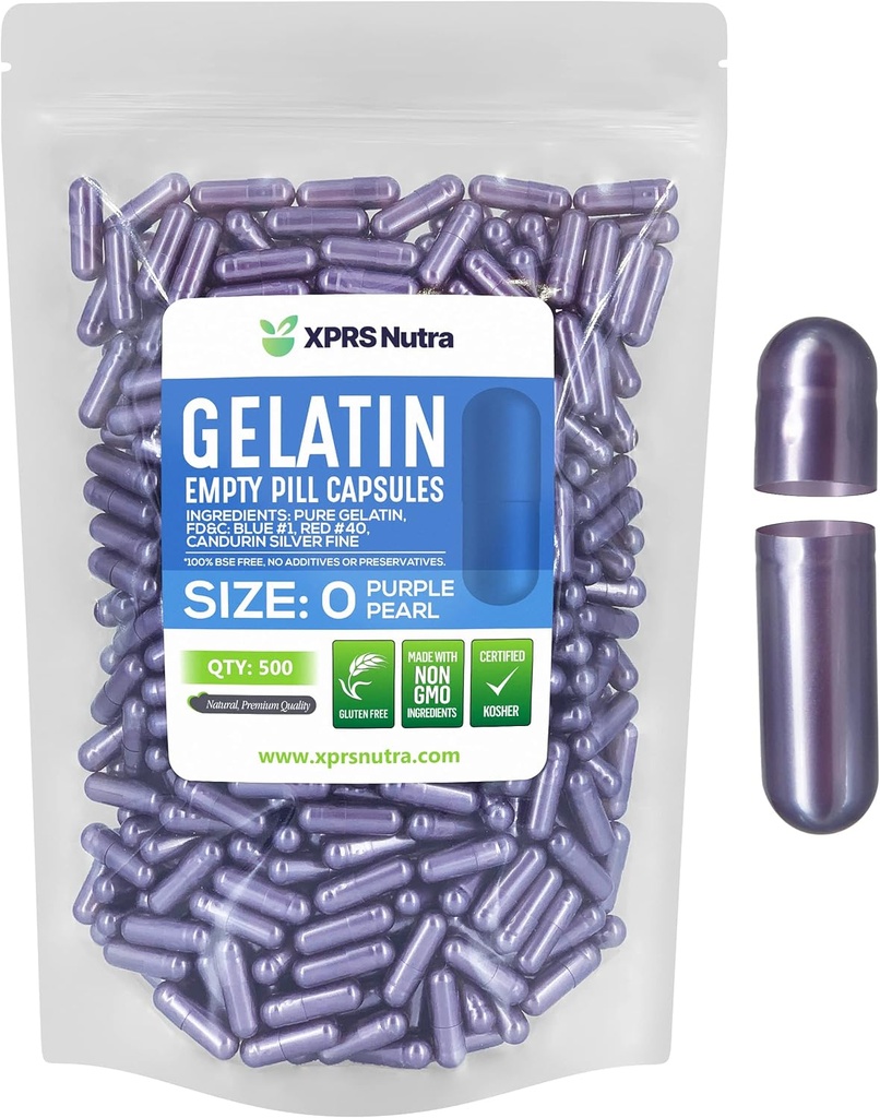 XPRS Nutra suurus 0 Tühjad kapslid - 500 Krahv Tühjad želatiinkapslid - Pillid DIY kapsli täitmine - Puhas Veise geel Kapslid Do-It-Yourself täiendused (Pearl Purple)