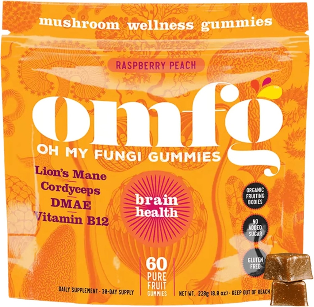 OMFG Mushroom Gummies for Brain Health Support — supplement to Support Cognitive Function, Mental Clarity, Focus " Energy W/Lions Mane, Cordyceps, B12, DMAE, Vegan - Raspberry/Peach Flavor (60 count)