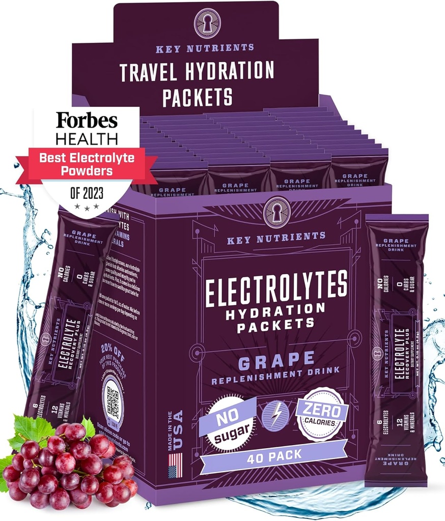 KEY NUTRIËNTEN Electrolytes Poederverpakkingen - Fruitige druiven 40 Pack Hydration Packets - Travel Hydration Powder - No Sugar, No Calories, Gluten Free - Made in USA