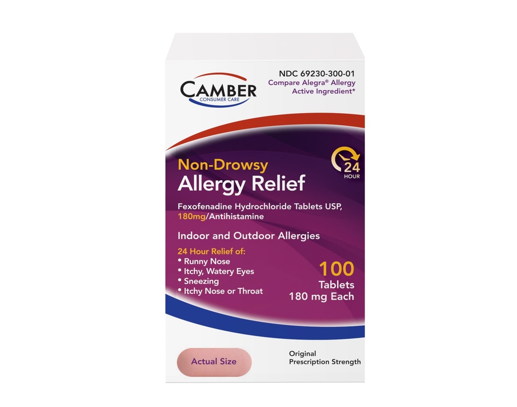 Camber Fexofenadine Antihistamine Non-Drowsy Indoor Outdoor 24hrs Allergy Relief Medicine 100 Tablets
