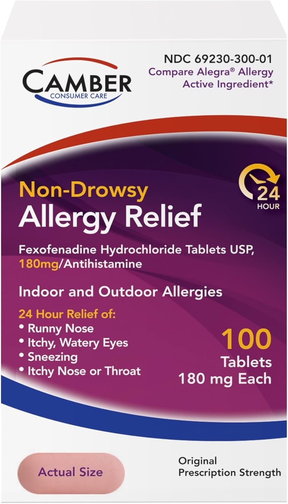 Camber Fexofenadine Antihistamine Non-Drowsy Kapalı Açık 24hrs Alerji Yardımı 100 Tablet