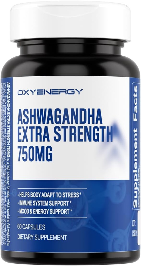 OxyEnergy Ashwagandha Extra Posílení -750mg-Stress Relief- Imunitation & Energy Support - Gluten, Dairy & Soy Free - 60 Kapsle
