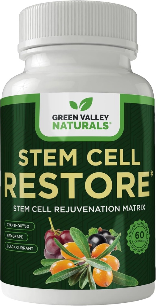 GREEN VALLEY NATURALS Stem Cell Supplement - Organic Sea Buckthorn-Resveratrol, ויטמין D, הפלט של הבישוף (1בק, 60 Count)