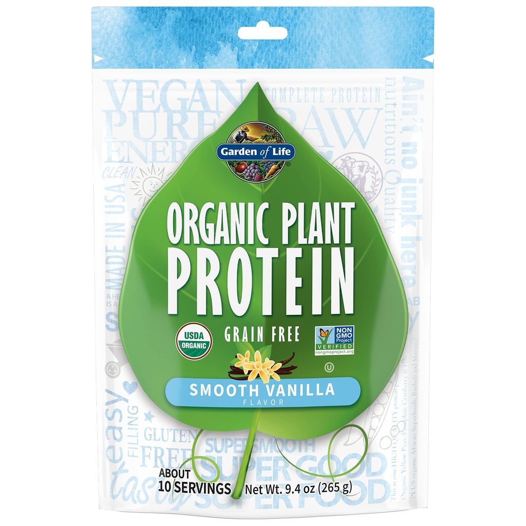 Garden of Life Organic Plant Protein Vanilla Flavor Protein Powder with Probiotics & Enzymes – Plant Based Powder, Amino Acids, Non-GMO, Grain-Free, Gluten-Free, Vegan, 10 Servings